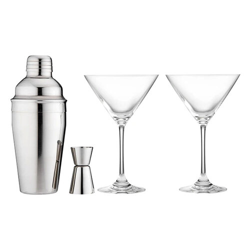 4pc Tempa Aurora Silver Cocktail Set w/ Shaker/Jigger/Martini Glasses