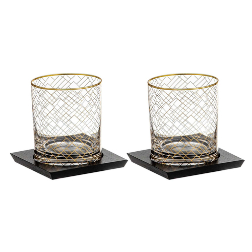 2x Tempa Winston 305ml Crystal Whisky Glass/Bamboo Coaster Set - Gold