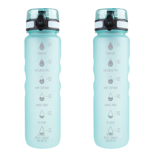 2PK Oasis Tritan Motivational Ergonomic Sports Water Drinking Bottle 1L Aqua Marine
