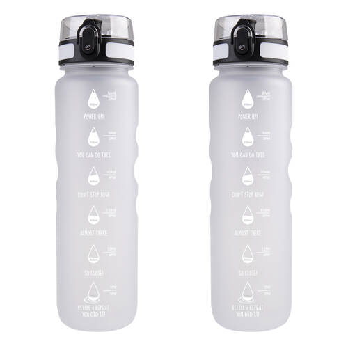 2PK Oasis Tritan Motivational Ergonomic Sports Water Drinking Bottle 1L White