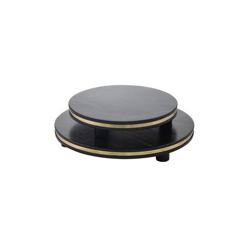 2pc Tempa Grange Acacia Wood & Brass Footed Serving Tray Set Matte Black