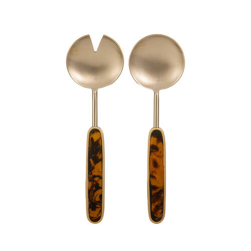 2pc Tempa Grange Acacia Wood & Brass Salad Servers Set 25cm Tortoiseshell