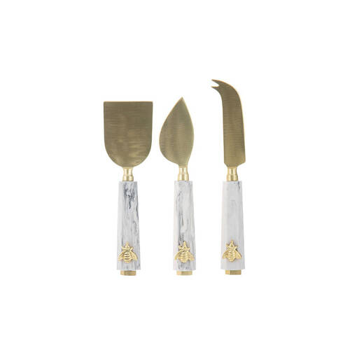 3pc Tempa Modern Bee Marble-Look Cheese Knives Set Metallic Gold/White
