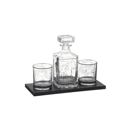 4pc Tempa World Map Atlas Whisky Set w/ Decanter & Glasses Clear/Black