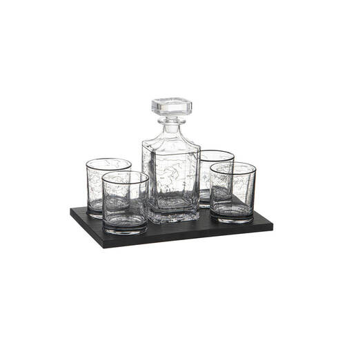 6pc Tempa World Map Atlas Whisky Set w/ Decanter & Glasses Clear/Black