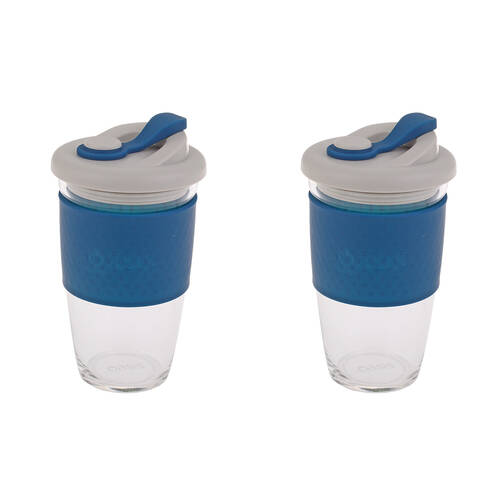 2PK Oasis Reusable Non-Slip Silicone Borosilicate Glass Eco Cup 16oz 454ml Navy