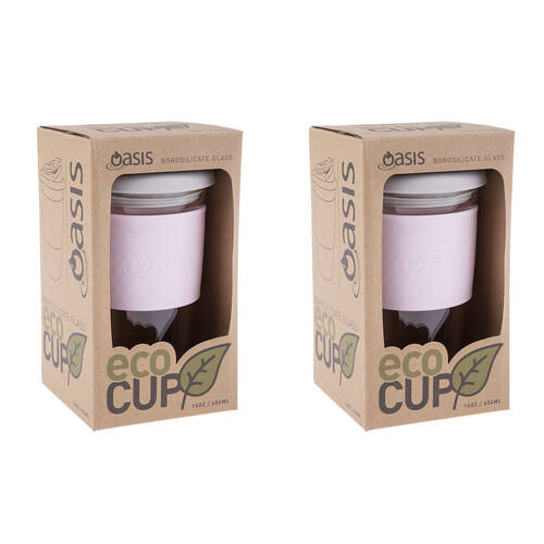 2PK Oasis Reusable Non-Slip Silicone Borosilicate Glass Eco Cup 16oz 454ml Pink