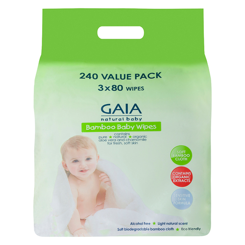 Gaia 240PK Natural/Organic Bamboo Baby/Infant Wipes Lightly Scent/Alcohol-Free