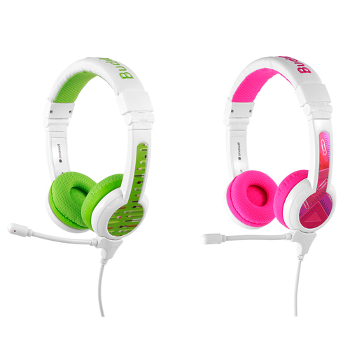2pc BuddyPhones School Plus Kids Wired Headphones w/ Boom Mic Pink/Green