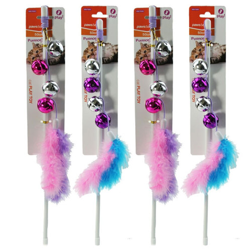 4PK Paws & Claws Play Wand Cat Toy With Bells 50cm Assorted