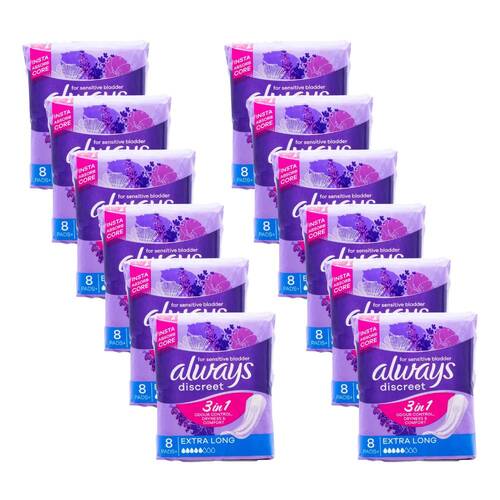 12x 8pc Always Discreet Sanitary Pads For Sensitive Bladder Extra Long