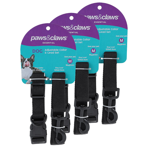 3x 2pc Paws & Claws Essentials Dog Collar & Lead Set Assorted
