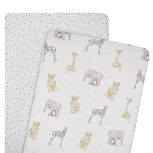 2pc Living Textiles Bedside Co-Sleeper Fitted Sheet Savanna Pitter Patter 