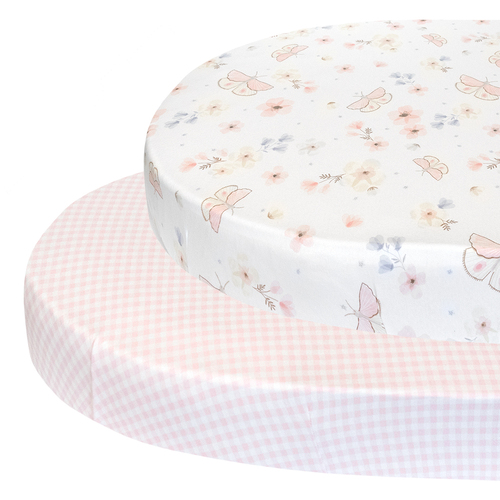 2pc Living Textiles Round/Oval Cot Fitted Sheets Butterfly/Blush Gingham