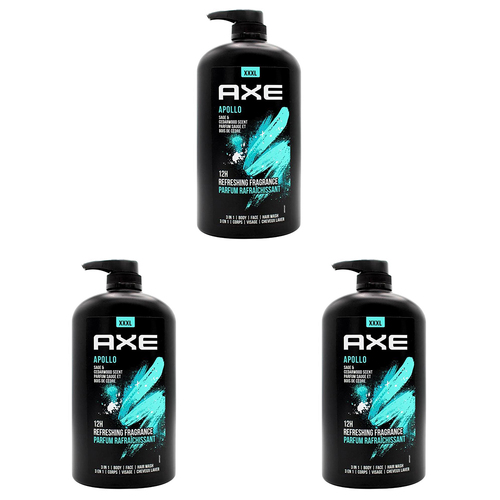 3PK Axe Apollo 3-in-1 Body Face Hair Wash 1L For Men Sage & Cedarwood Scent
