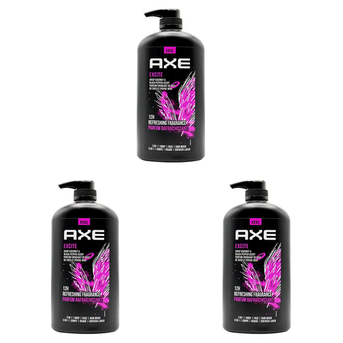 3PK Axe Excite 3in1 Body Face Hair Wash 1L For Men Crisp Coconut & Black Pepper