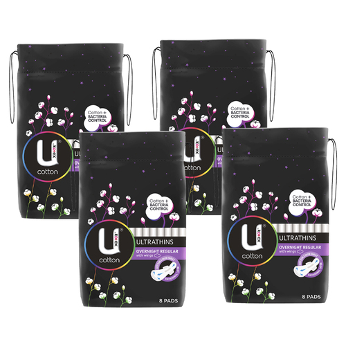 4x 8pc U By Kotex Ultra Thins Overnight Regular With Wings Pads