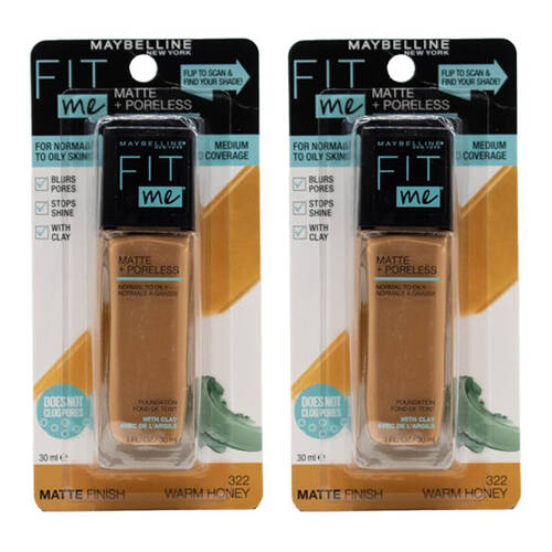 2PK Maybelline 30ml Fit Me Matte + Poreless Foundation Carded - 322 Warm Honey