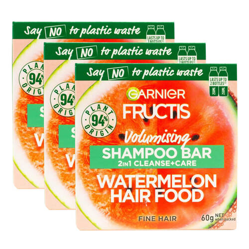 3PK Garnier Fructis 60g Shampoo Bar Volumising 2in1 Cleanse Care Watermelon