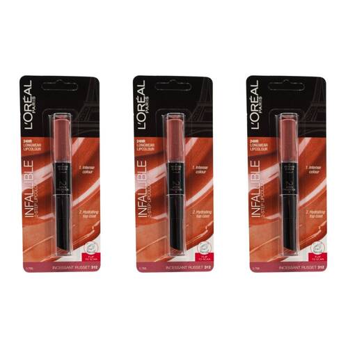 3PK Loreal 5.7ml Lip Colour Infallible 2-Step Incessant Russet 312