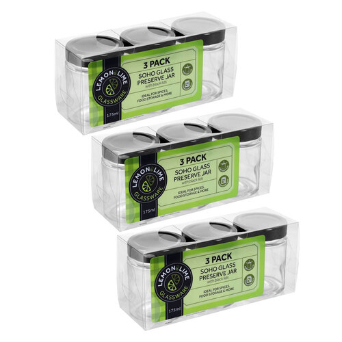 9PK Lemon & Lime Soho Glass Preserve Jar 260Ml With Black Lid