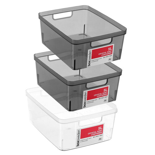 3PK Boxsweden Crystal Sort Container 5L Assorted 25X19.5X10cm