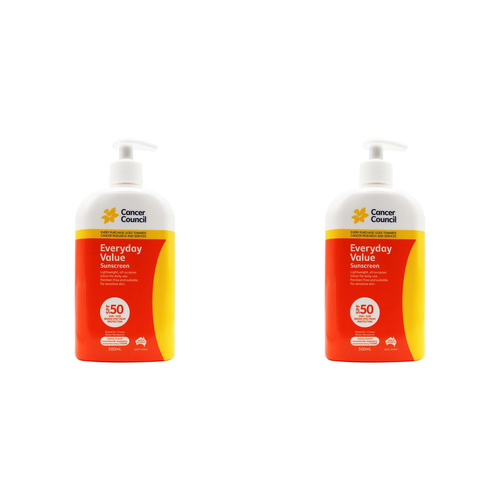 2PK Cancer Council 500ml Everyday Value Sunscreen SPF50+ Lotion Pump Bottle