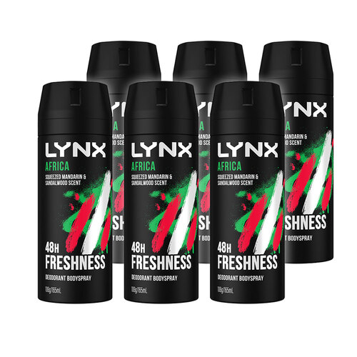 6x Lynx 165ml Deodorant Body Spray 48hr - Africa