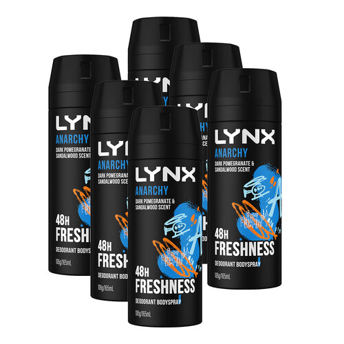 6x Lynx 165ml Deodorant Body Spray 48hr - Anarchy