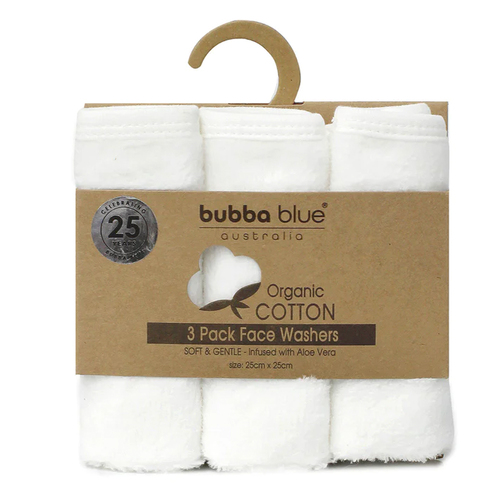 3PK Bubba Blue 25x25cm Organic Cotton Face Washers 0-12m - Off White
