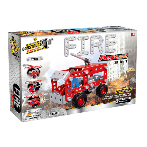 121pc Construct IT DIY 3-in-1 Fire Rescue Toy w/ Tools Kit Kids 8y+
