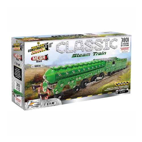 604pc Construct IT Mega Set DIY 3801 Steam Train Toy w/ Tools Kit Kids 8y+