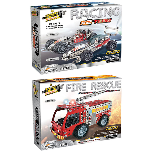 2pc Construct IT Fire Rescue Emergency Response and Racing Car Toy Set
