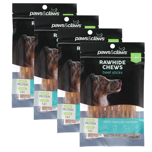 4PK Paws & Claws Beef Rawhide Sticks 100G 12.5cm