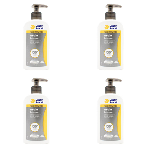 4PK Cancer Council 200ml Active Sunscreen SPF50+ Body Lotion