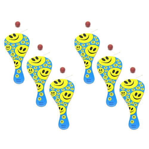 6PK Smiley Face Wooden Paddle Ball Kids Fun Outdoor Game Assorted 5y+