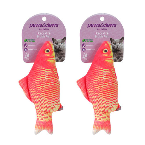 2x Paws & Claws 20cm Real Fish Printed Catnip Toy - Orange