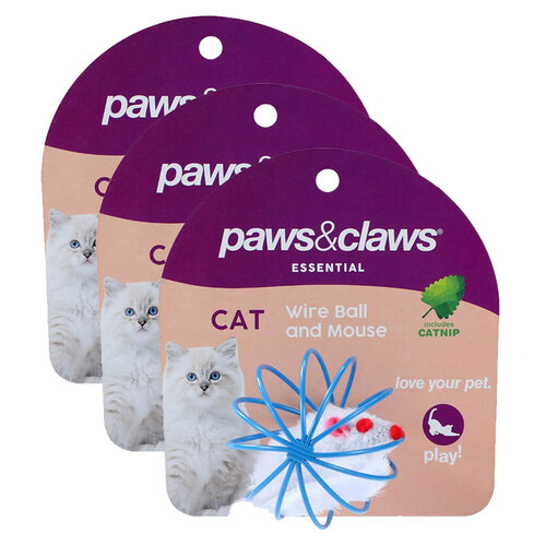 3PK Paws & Claws Wire Ball & Mouse Catnip Toy Blue 6cm
