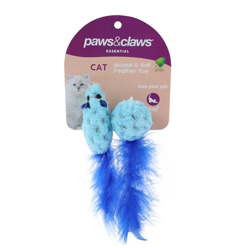 2PK Paws & Claws 15cm Mouse & Ball Feather Toy w/ Catnip - Assorted