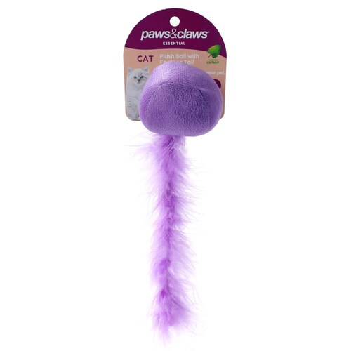 Paws & Claws Plush Catnip Ball w/ Feather Tail 20X5cm Assorted