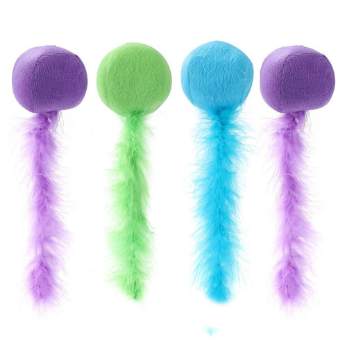 4PK Paws & Claws Plush Catnip Ball w/ Feather Tail  20X5cm Assorted