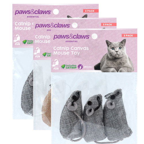 3x 3pc Paws & Claws Catnip Canvas Mouse 6.5X3cm Assorted