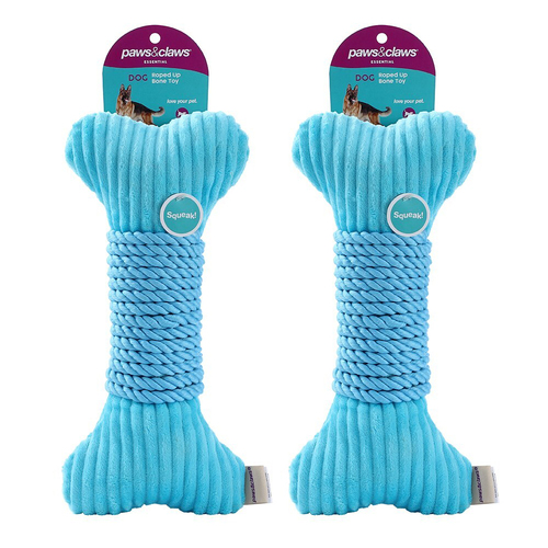 2PK Paws & Claws 30x14cm Roped-Up Plush Bone Dog Toy - Aqua