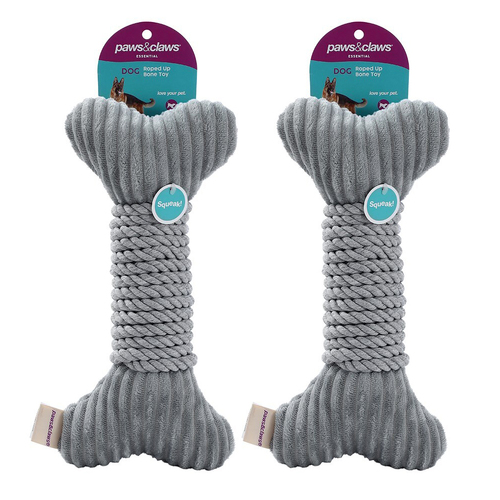 2PK Paws & Claws 30x14cm Roped-Up Plush Bone Dog Toy - Grey