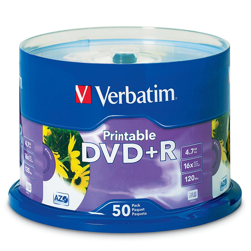 50PK Verbatim DVD+R 4.7GB 16x Printable White Inkjet Blank Disc