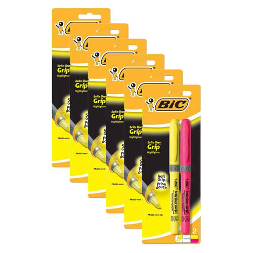 6x 2pc BIC Briteliner Grip Highlighter Pen Yellow & Pink Writing Stationery