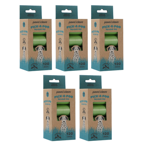 5x 120pc Paws & Claws Pick-A-Poo Degradable Waste Bags - Vanilla Scented
