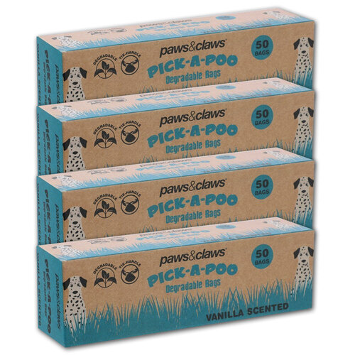 4PK Paws & Claws Pick-A-Poo Degradable Waste Bags 50Pk W/ Handle 18x34cm Vanilla Scented