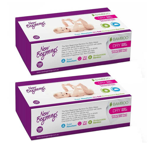 2x 100pc New Beginnings 20x19cm Bamboo Dry Wipes