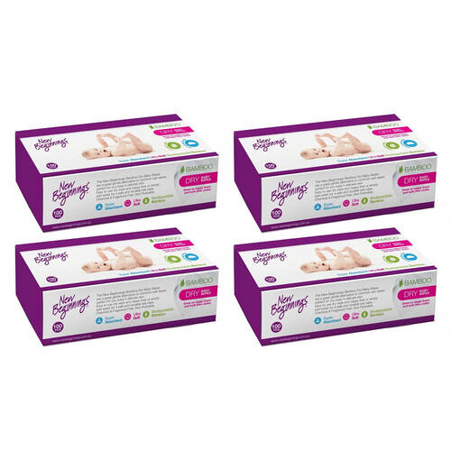 4x 100pc New Beginnings 20x19cm Bamboo Dry Wipes